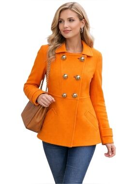 Orange Wool Blend Double Breasted Coat Gold Button Statement Jacket